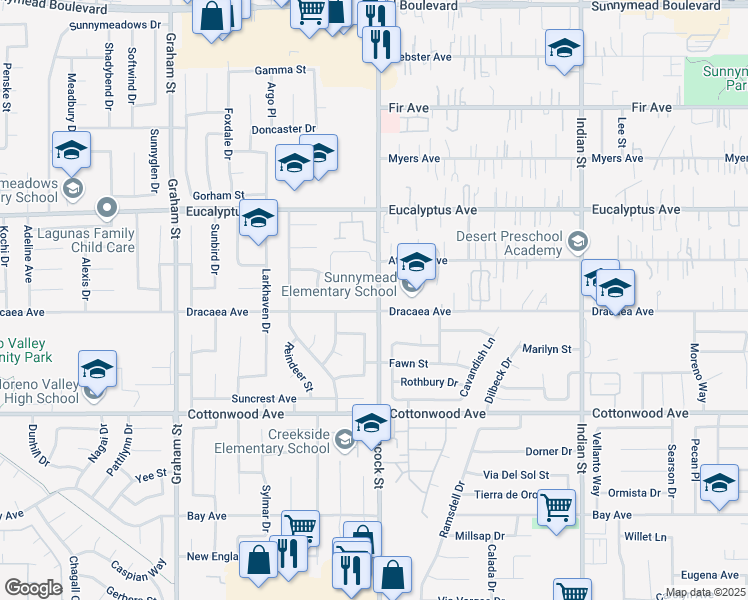 map of restaurants, bars, coffee shops, grocery stores, and more near 13397 Heacock Street in Moreno Valley