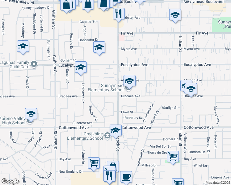 map of restaurants, bars, coffee shops, grocery stores, and more near 13397 Heacock Street in Moreno Valley