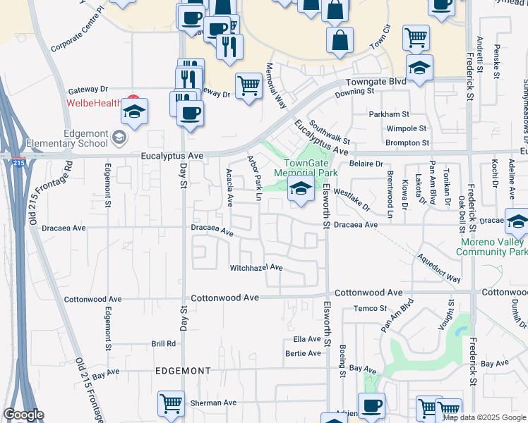 map of restaurants, bars, coffee shops, grocery stores, and more near 13200 Empress Street in Moreno Valley