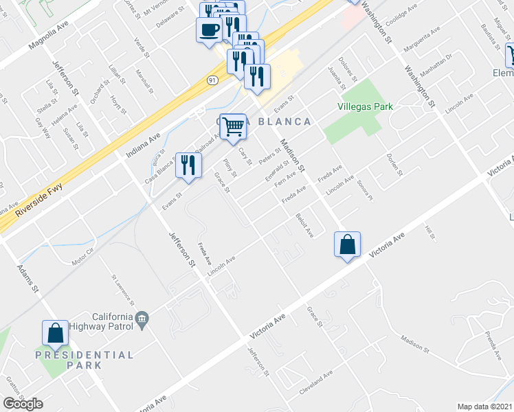 map of restaurants, bars, coffee shops, grocery stores, and more near 7672 Fern Avenue in Riverside