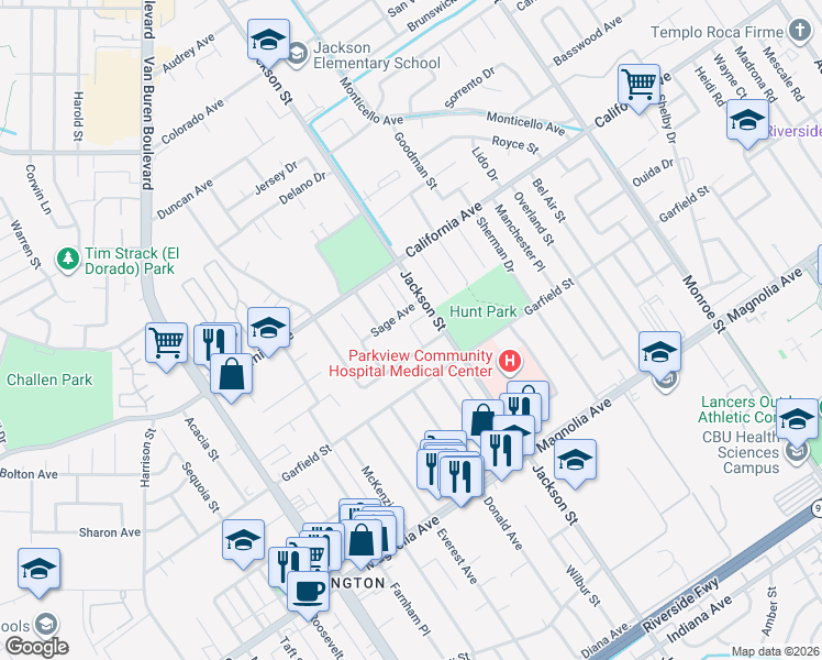 map of restaurants, bars, coffee shops, grocery stores, and more near 9154 Sage Avenue in Riverside
