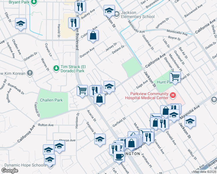 map of restaurants, bars, coffee shops, grocery stores, and more near 9405 California Avenue in Riverside