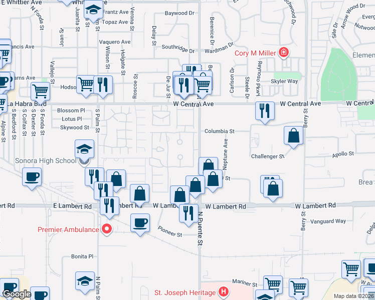 map of restaurants, bars, coffee shops, grocery stores, and more near 641 Wood Lake Drive in Brea