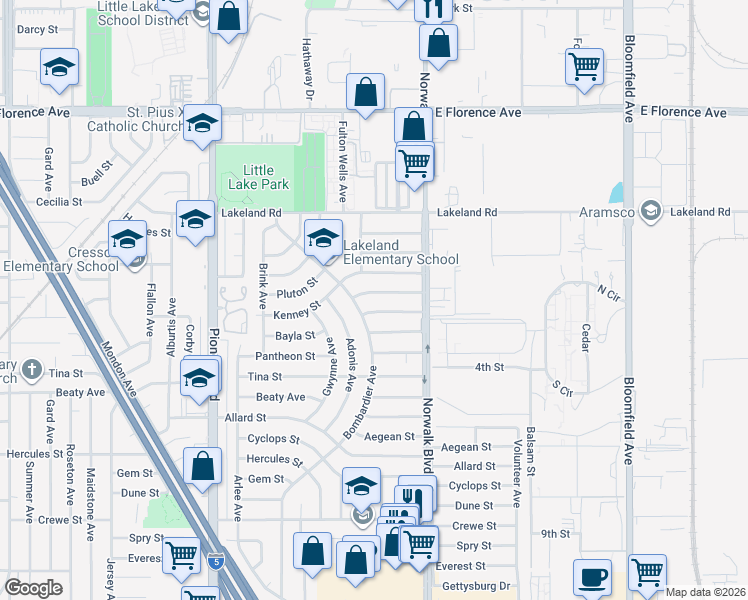 map of restaurants, bars, coffee shops, grocery stores, and more near 12102 Oracle Street in Norwalk