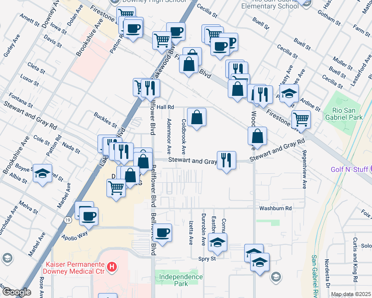 map of restaurants, bars, coffee shops, grocery stores, and more near 11756 Coldbrook Avenue in Downey