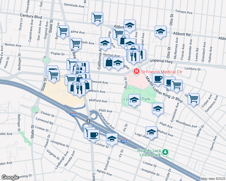 map of restaurants, bars, coffee shops, grocery stores, and more near 3587 Sanborn Avenue in Lynwood