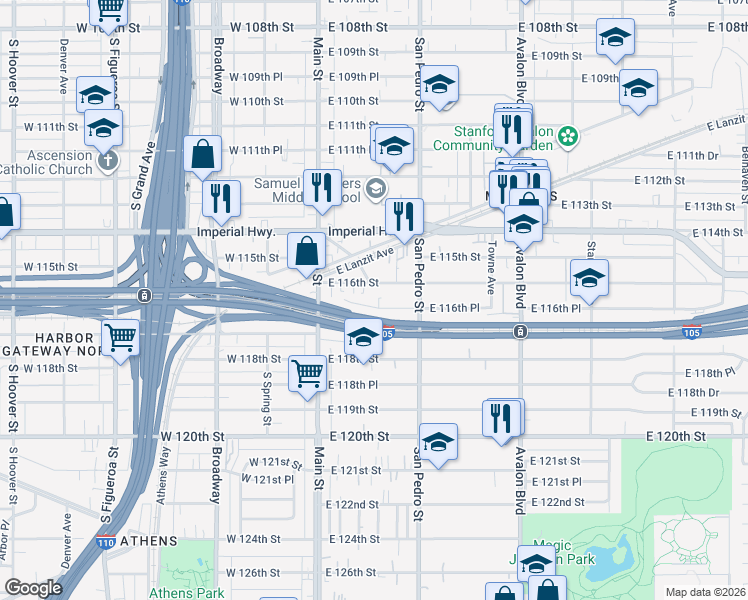 map of restaurants, bars, coffee shops, grocery stores, and more near 197 East 116th Place in Los Angeles