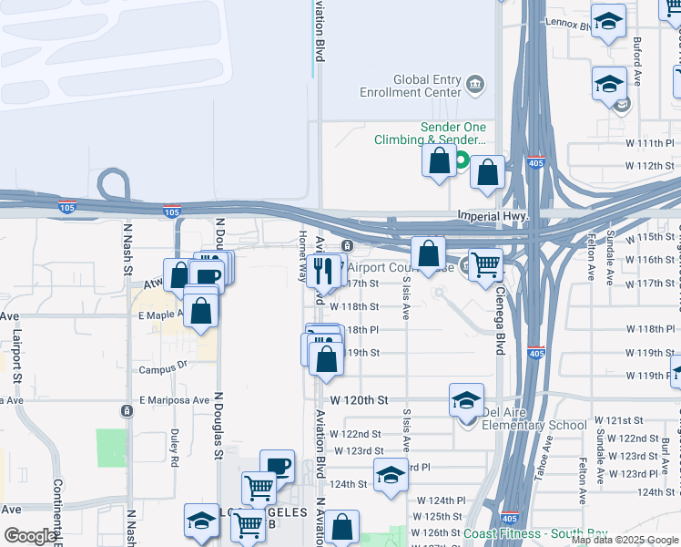 map of restaurants, bars, coffee shops, grocery stores, and more near 5507 West 117th Street in Inglewood