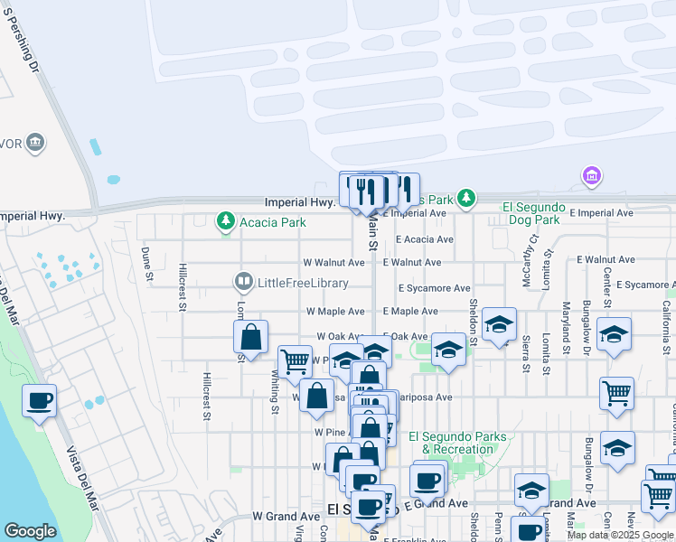 map of restaurants, bars, coffee shops, grocery stores, and more near 214 West Walnut Avenue in El Segundo