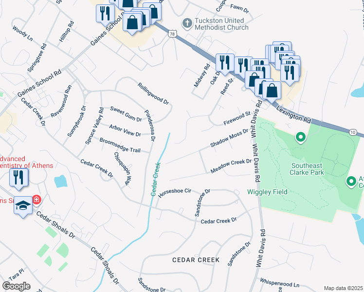 map of restaurants, bars, coffee shops, grocery stores, and more near 250 Shadow Moss Drive in Athens