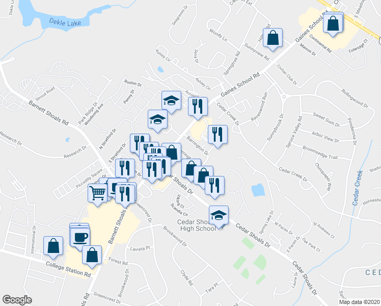 map of restaurants, bars, coffee shops, grocery stores, and more near 149 Barrington Place in Athens