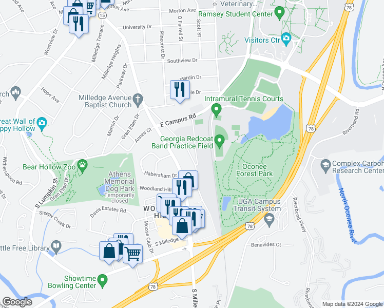 map of restaurants, bars, coffee shops, grocery stores, and more near in Athens