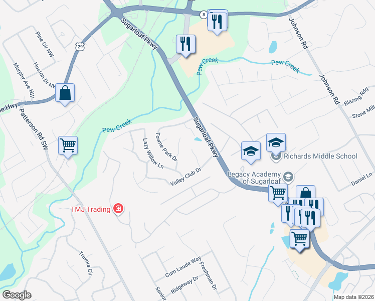 map of restaurants, bars, coffee shops, grocery stores, and more near 149 Shady View Place in Lawrenceville