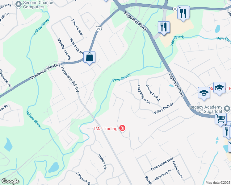map of restaurants, bars, coffee shops, grocery stores, and more near 2447 Longmont Drive in Lawrenceville