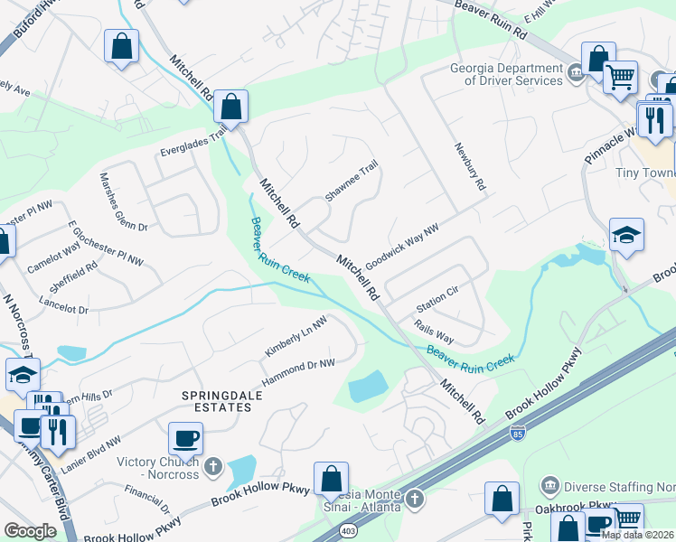 map of restaurants, bars, coffee shops, grocery stores, and more near 2125 Mitchell Road Northwest in Norcross