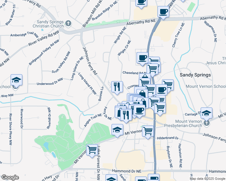 map of restaurants, bars, coffee shops, grocery stores, and more near 62 High Top Point in Sandy Springs