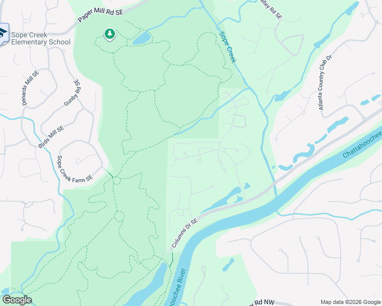 map of restaurants, bars, coffee shops, grocery stores, and more near 4101 Riverlook Parkway Southeast in Marietta