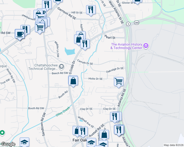 map of restaurants, bars, coffee shops, grocery stores, and more near 212 Oakridge Drive Southeast in Marietta