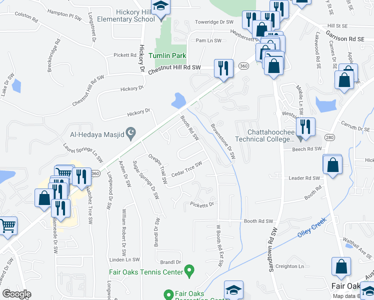 map of restaurants, bars, coffee shops, grocery stores, and more near 443 Booth Circle Southwest in Marietta
