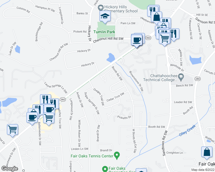 map of restaurants, bars, coffee shops, grocery stores, and more near 352 Booth Circle Southwest in Marietta