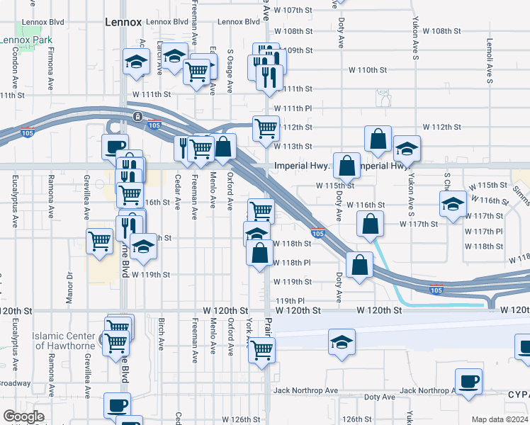 map of restaurants, bars, coffee shops, grocery stores, and more near 11625 Prairie Avenue in Hawthorne