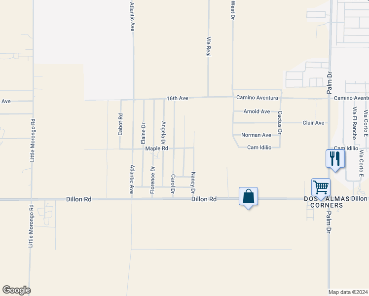 map of restaurants, bars, coffee shops, grocery stores, and more near Mauna Loa Road in Desert Hot Springs