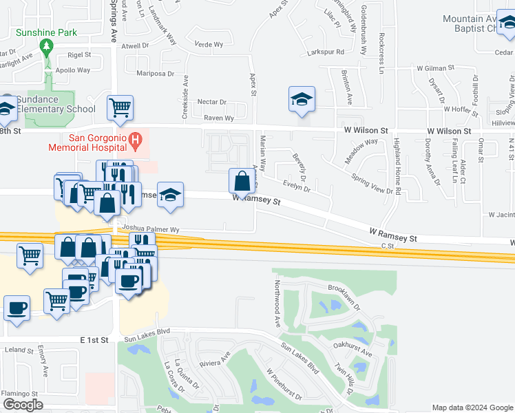 map of restaurants, bars, coffee shops, grocery stores, and more near 5590 West Ramsey Street in Banning