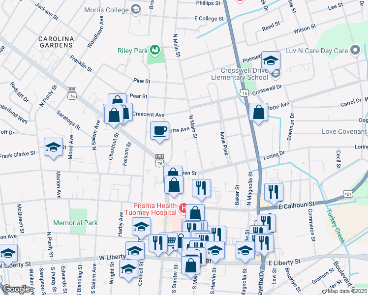 map of restaurants, bars, coffee shops, grocery stores, and more near 20 Warren Court in Sumter
