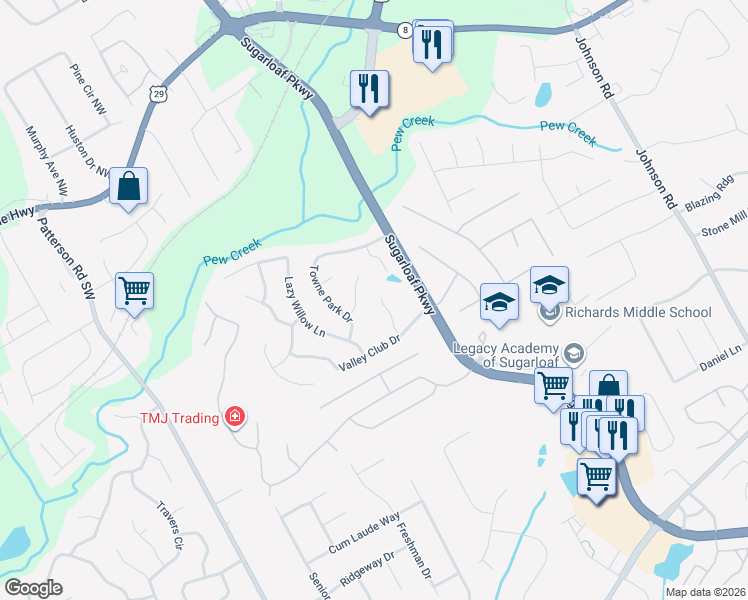 map of restaurants, bars, coffee shops, grocery stores, and more near 149 Shady View Place in Lawrenceville