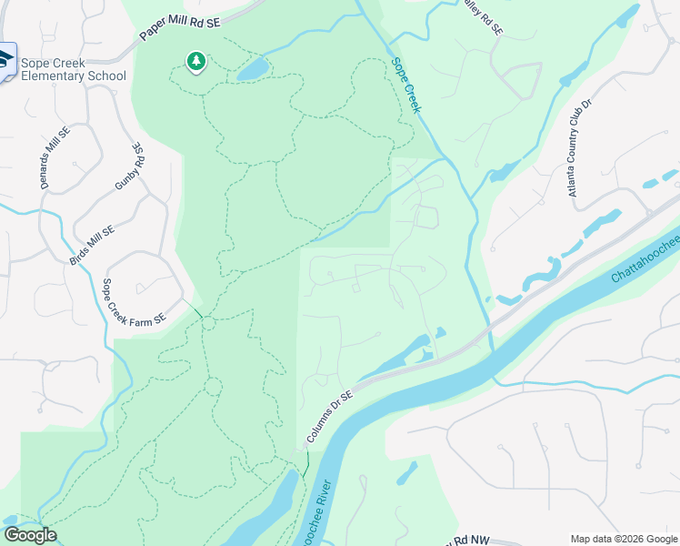 map of restaurants, bars, coffee shops, grocery stores, and more near 4101 Riverlook Parkway Southeast in Marietta