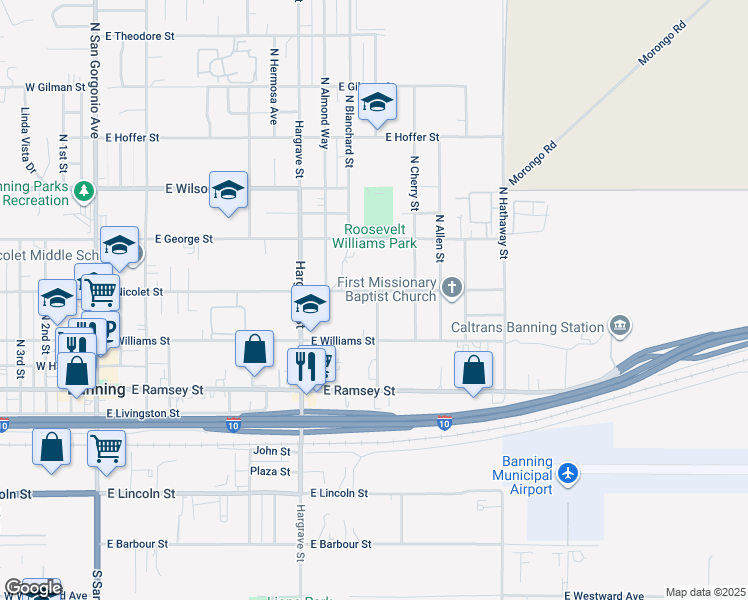 map of restaurants, bars, coffee shops, grocery stores, and more near 367 North Phillips Street in Banning