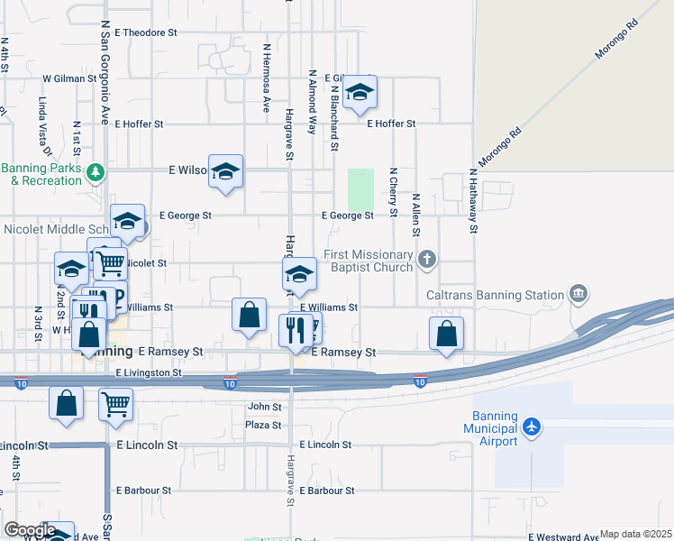 map of restaurants, bars, coffee shops, grocery stores, and more near 1010 East Nicolet Street in Banning