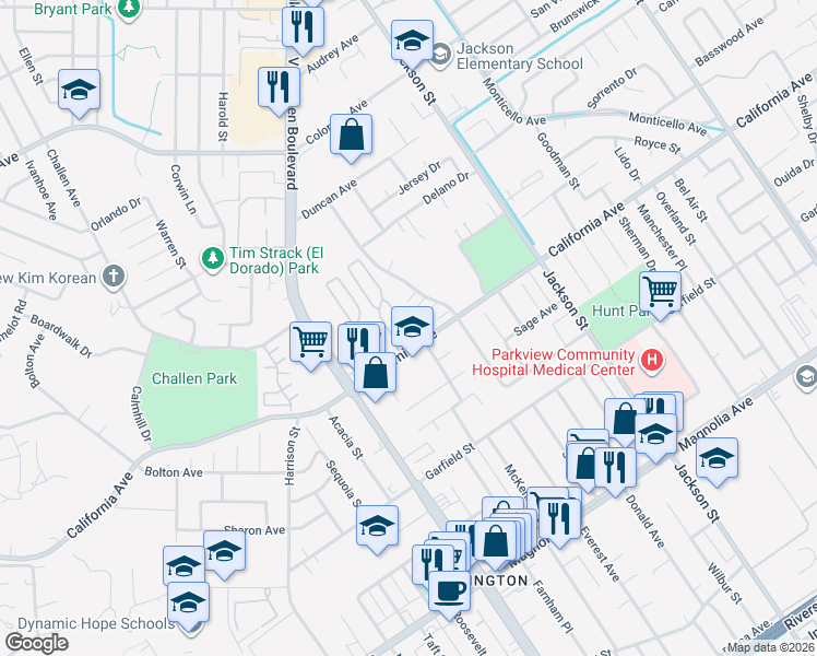 map of restaurants, bars, coffee shops, grocery stores, and more near 9405 California Avenue in Riverside