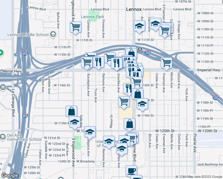 map of restaurants, bars, coffee shops, grocery stores, and more near 4555 Clyde Walker Way in Hawthorne