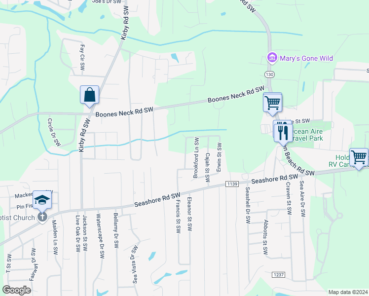 map of restaurants, bars, coffee shops, grocery stores, and more near 2533 Lightwood Drive Southwest in Brunswick County