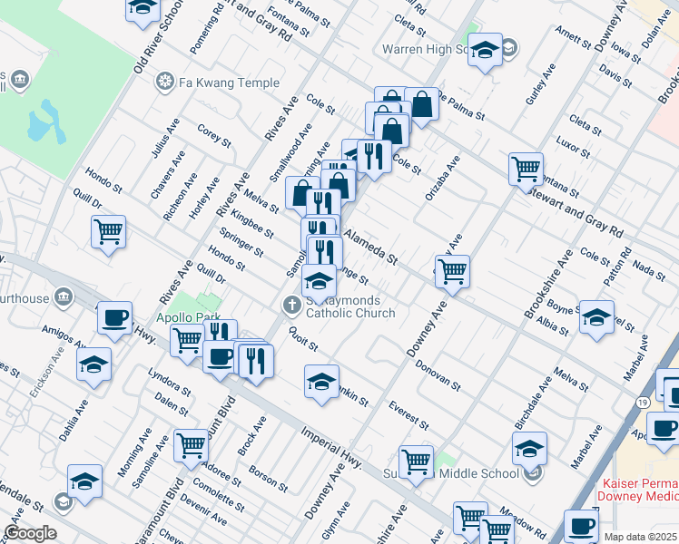 map of restaurants, bars, coffee shops, grocery stores, and more near Orange Street in Downey