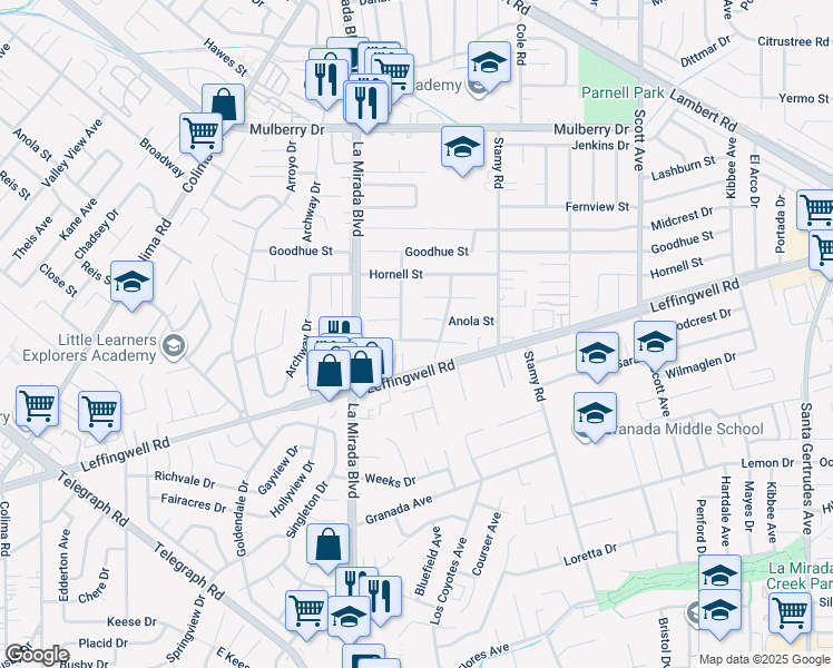 map of restaurants, bars, coffee shops, grocery stores, and more near 15065 Cerecita Drive in Whittier