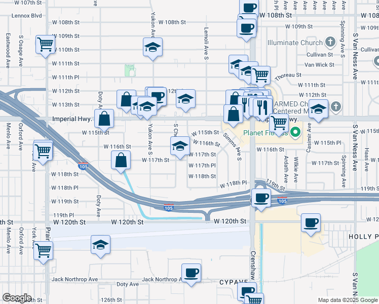 map of restaurants, bars, coffee shops, grocery stores, and more near 3355 West 117th Street in Inglewood