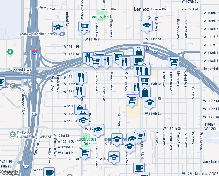map of restaurants, bars, coffee shops, grocery stores, and more near 11627 Ramona Avenue in Hawthorne