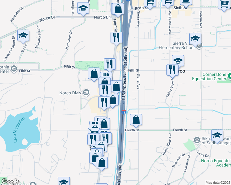 map of restaurants, bars, coffee shops, grocery stores, and more near 3215 Hamner Avenue in Norco