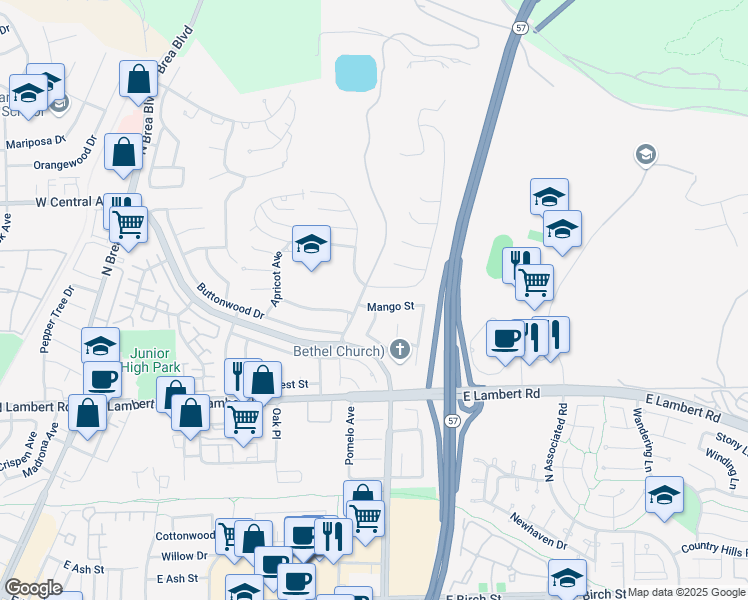 map of restaurants, bars, coffee shops, grocery stores, and more near 817 Mango Street in Brea
