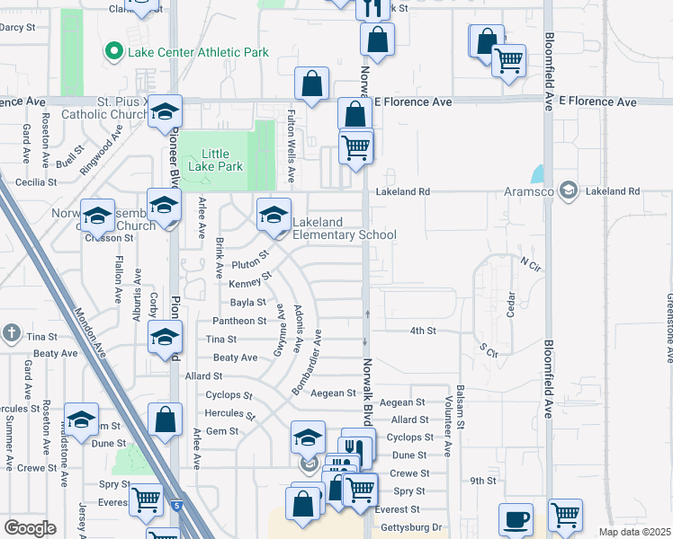 map of restaurants, bars, coffee shops, grocery stores, and more near 12152 Oracle Street in Norwalk