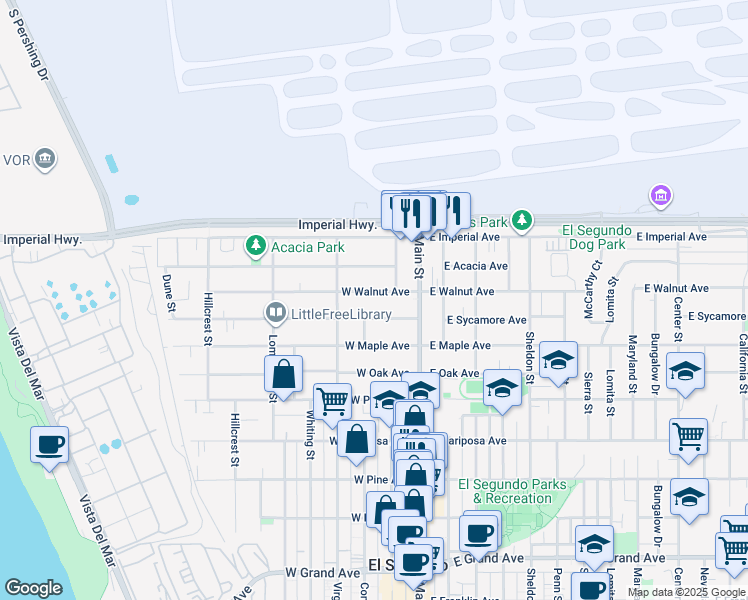 map of restaurants, bars, coffee shops, grocery stores, and more near 222 West Walnut Avenue in El Segundo
