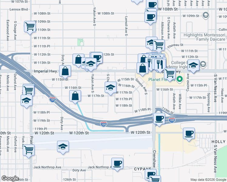 map of restaurants, bars, coffee shops, grocery stores, and more near in Inglewood