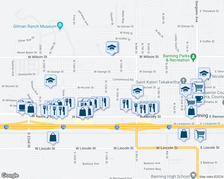 map of restaurants, bars, coffee shops, grocery stores, and more near 1128 West Nicolet Street in Banning