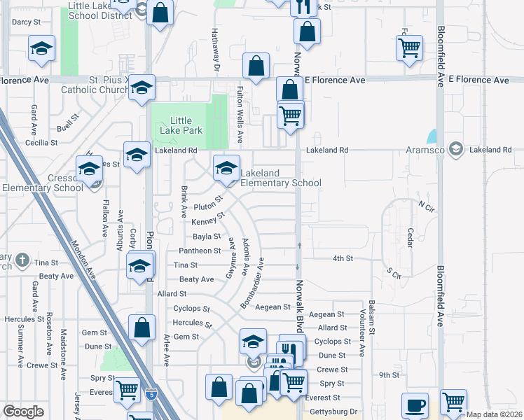 map of restaurants, bars, coffee shops, grocery stores, and more near 12102 Oracle Street in Norwalk