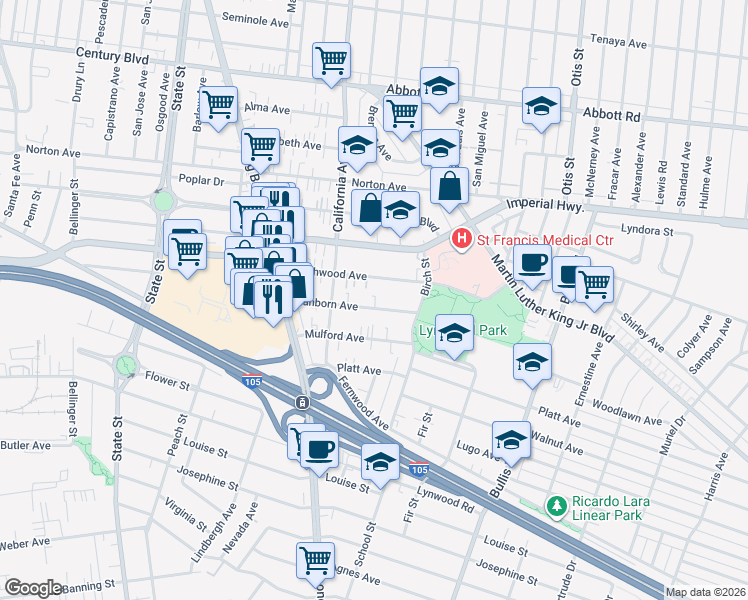 map of restaurants, bars, coffee shops, grocery stores, and more near 3543 Sanborn Avenue in Lynwood