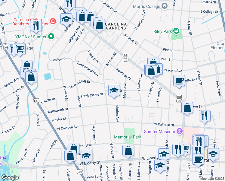 map of restaurants, bars, coffee shops, grocery stores, and more near 223 Hasel Street in Sumter