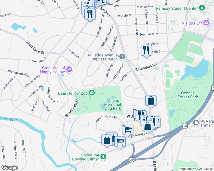 map of restaurants, bars, coffee shops, grocery stores, and more near 286 Gran Ellen Dr in Athens