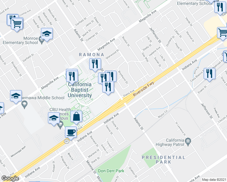 map of restaurants, bars, coffee shops, grocery stores, and more near 3522 Adams Street in Riverside